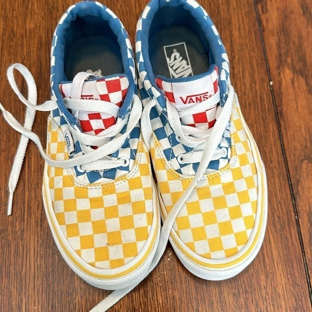 Vans, multicolor, checkerboard, skate shoes, sneakers size youth four